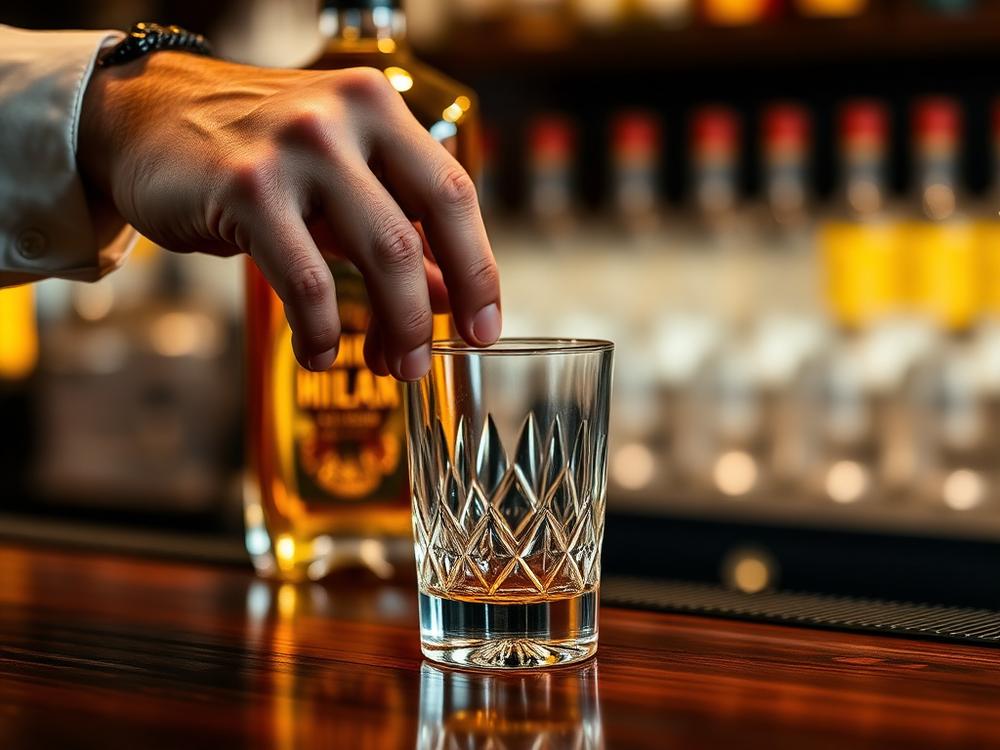 Bartender placing a tumbler on the bar