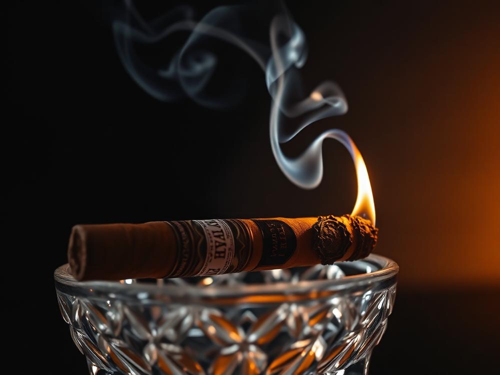Cigar resting on a crystal ashtray
