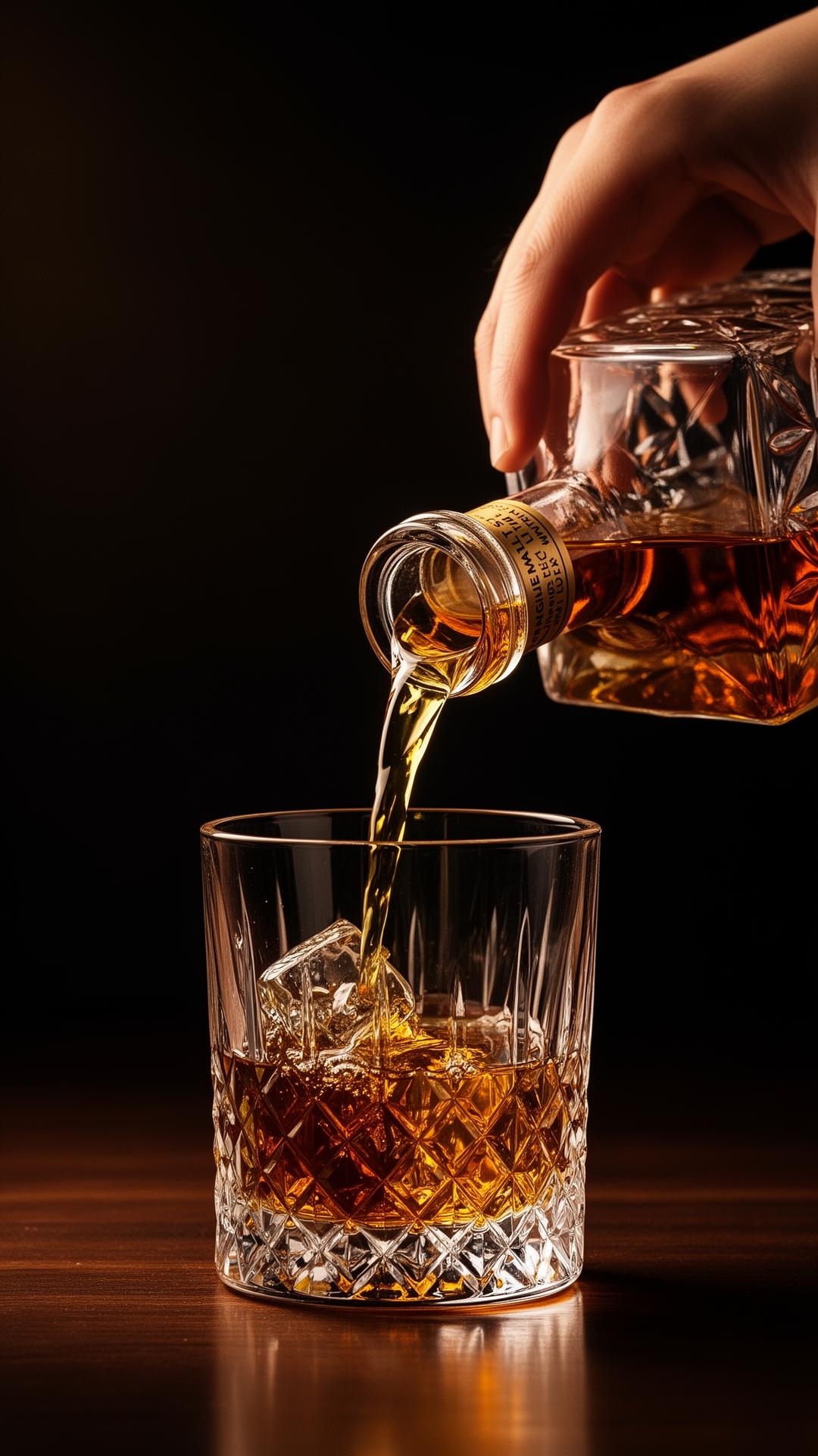 Hand pouring whisky into a crystal tumbler